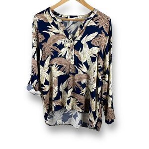 Tribal Womens Roll Tab Sleeve Leaf Print Stretch Button Up Blue Tan Medium